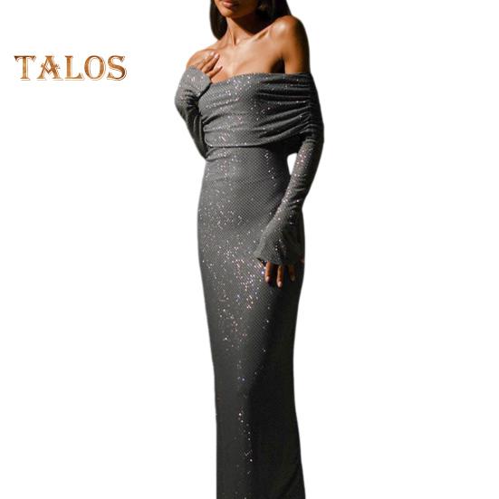 

Жіноча вечірня сукня Бато декольте з відкритими плечима, довгими рукавами, мерехтливими паєтками, бронзовим кольором, облягаюча без бретелей, коктейльна вечірня сукня максі S