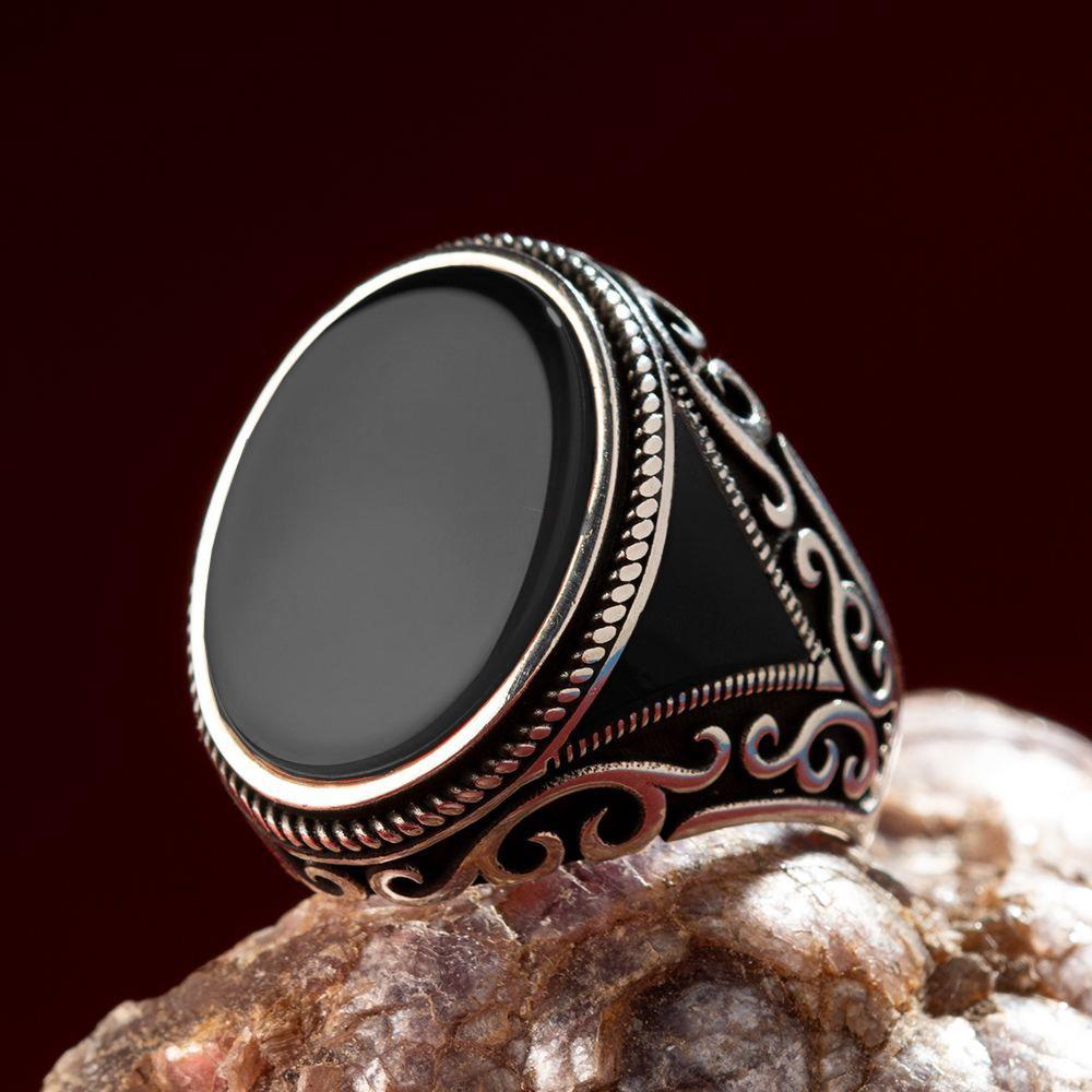 Vintage Men's Handmade Turkish Black Zircon Stone Ring Ancient copper Color Pattern Ring Trendy Islamic Religious Muslim Jewelry