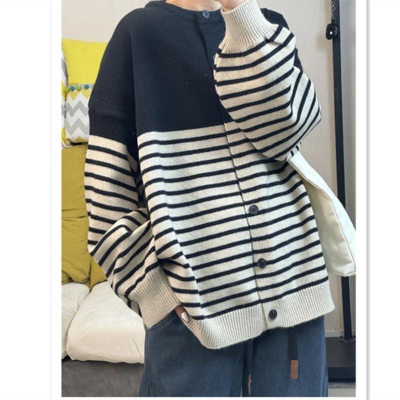 

Весенний новый свободный повседневный базовый вязаный кардиган женский простой универсальный полосатый свитер-жакет one size fits all