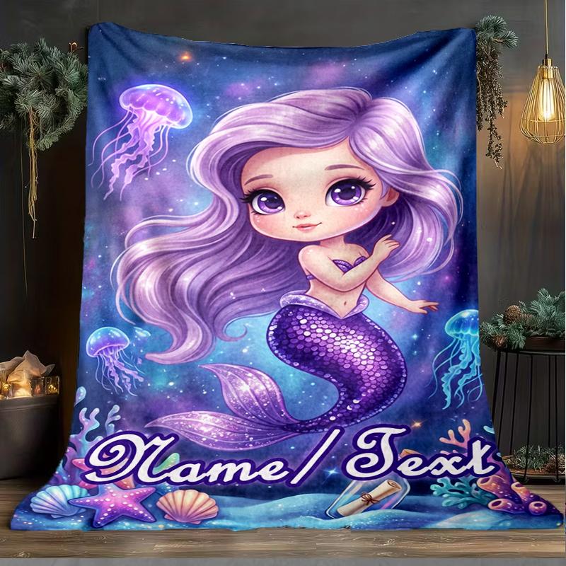 1PC Custom Name Mermaid Dreams Underwater outdooor Flannel blankets Throw Blanket All-Season Throw Gift Bedspread for Couch, Bed, Camping Holiday Birt