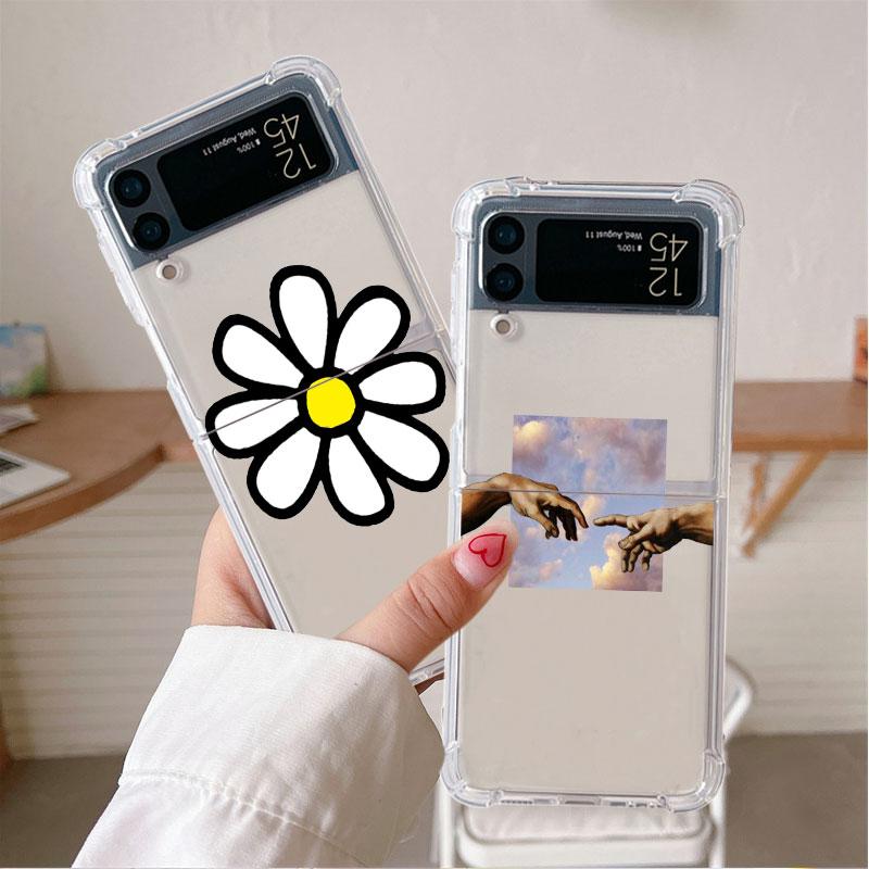 Flowers Heart Luxury Case For Samsung Galaxy Z Flip 3 4 5G Funda Z Flip3 Clear PC Hard Shockproof Back Phone Coque