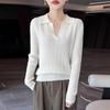 Women's Slim Fit French Polo Collar Long Sleeve Silk-Cotton Knitted Sweater.