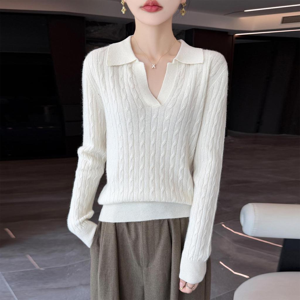 Women's Slim Fit French Polo Collar Long Sleeve Silk-Cotton Knitted Sweater.
