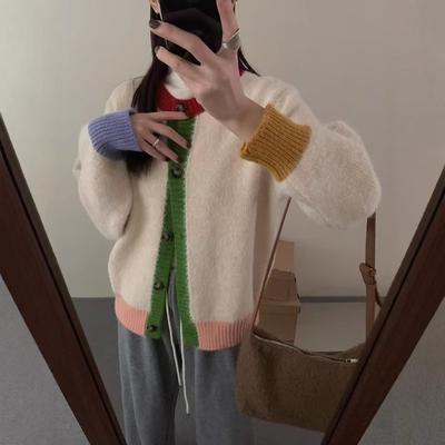 Design Sense Niche Color Matching Knitted Cardigan Women's Autumn and Winter New Loose Lazy Thickened Soft Waxy Sweater Jacket