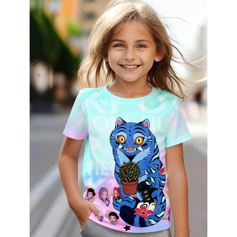 Kpop Demon Hunter Anime Printed T-Shirt Comfortable Fashionable Round Neck Kids Clothes Fashion Casual Tops Soft Girls Colorful T-Shirt