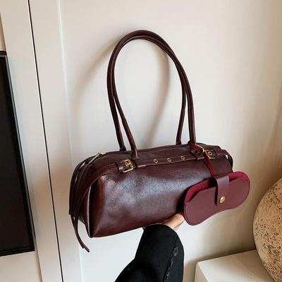 Boston PU Leather Handbag for Women Solid Color Shoulder Bag Casual Bowling Retro Commuter Bag