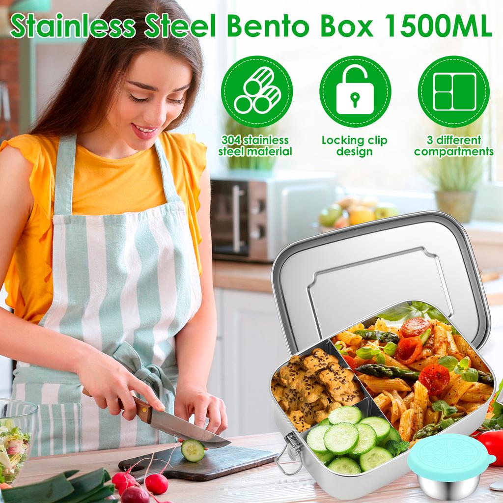 304 Edelstahl Lunchbox 3 Fächer Lunchboxen 1500ML Lebensmittelbehälter mit 2 Gewürzboxen für Kinder und Erwachsene