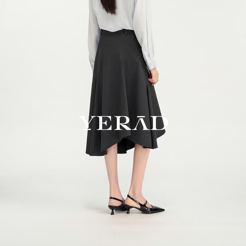 YERAD Pleated Irregular Hem A-Line Midi Skirt