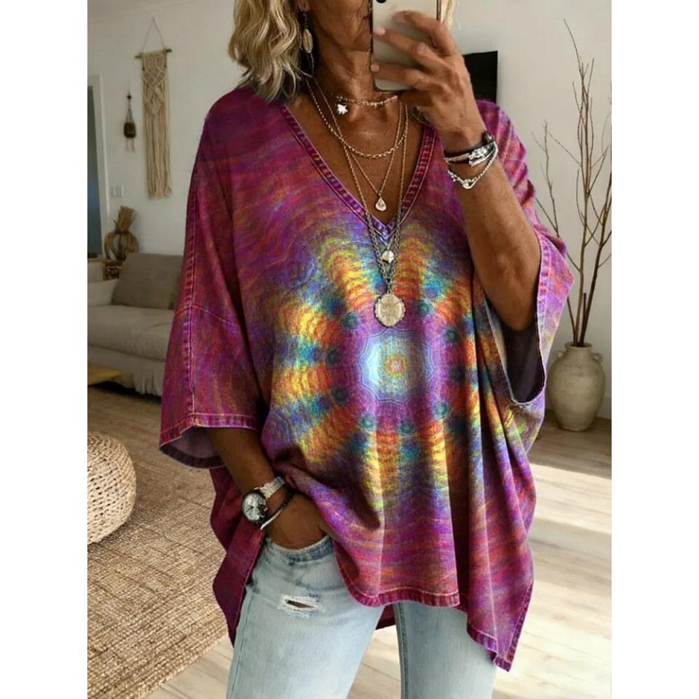 Plus Size Women's Simple Retro Dark Rose Pattern Printed V-neck Top Three-quarter Sleeves Loose Large Size Casual Daily T-shirt
