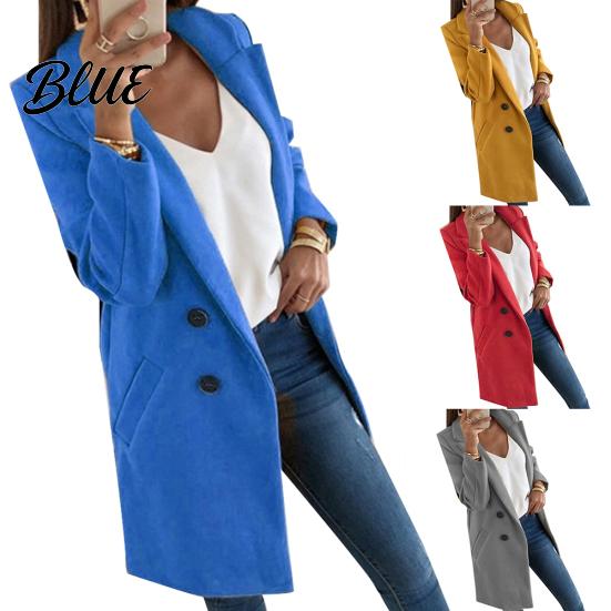 Solid Color Fashion Overcoat Coat Slim Fit Sleeve Lapel Women Long Pocket Button