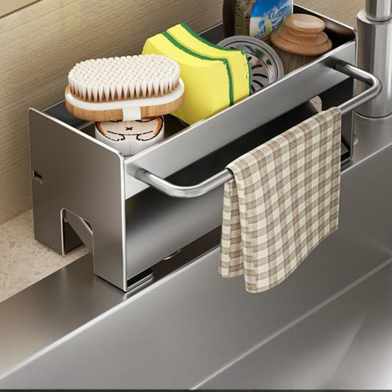 Draining Rack Kitchen Sink Organizer Anti-Rust Carbon Steel Structure Self-Draining Design Towel Rack Sponges Soap Detergent Bottle Holder