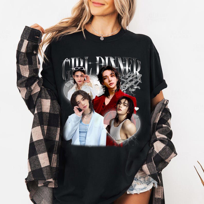 T-shirt Girl Dinner Hyunjin Stray Kids, Maglietta Vintage Omaggio ai Fan Uomo Donna Hip Hop Streetwear T-shirt Oversize Manica Corta Abbigliamento Casual