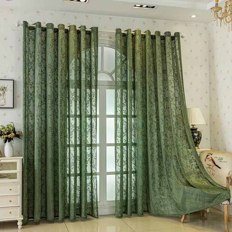 1 stuk Vintage Gordijn met Takkenborduurwerk, Ophanging met Touwring, Geschikt voor Woonkamer, Slaapkamer, Balkon, Keuken, Decoratie 1pc W130xL100cm&Grommet Top groen