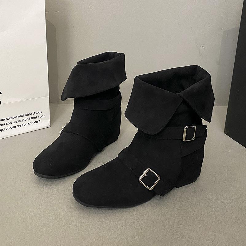 Korean suede retro small square head two wear folded thick heel belt buckle short boots women's autumn and winter Martin boots short boots