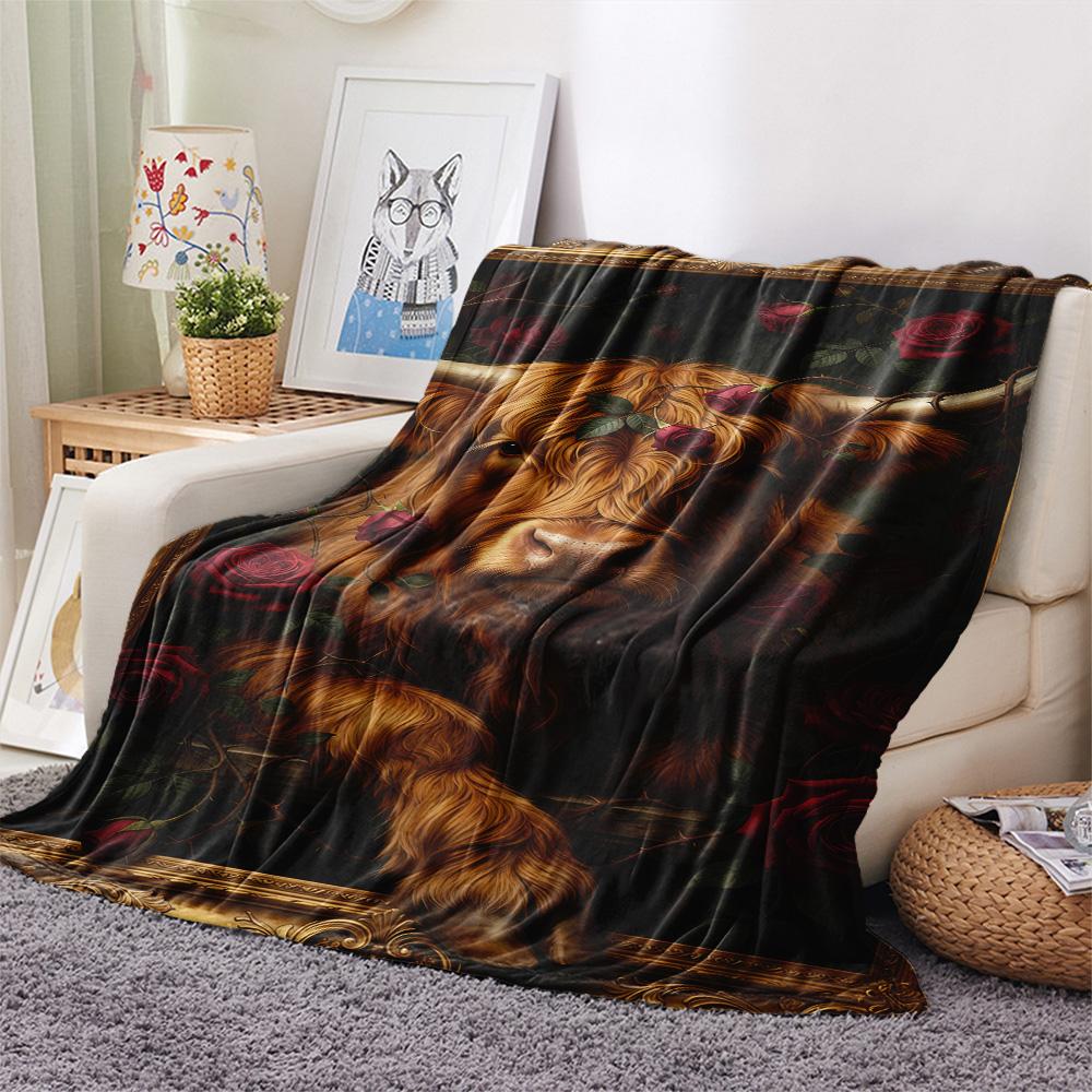 1PC High Mountain Cattle Print FlAannel Blanket, High quality Comfortable for All Seasons, Home Decor, Warmth and Comfort