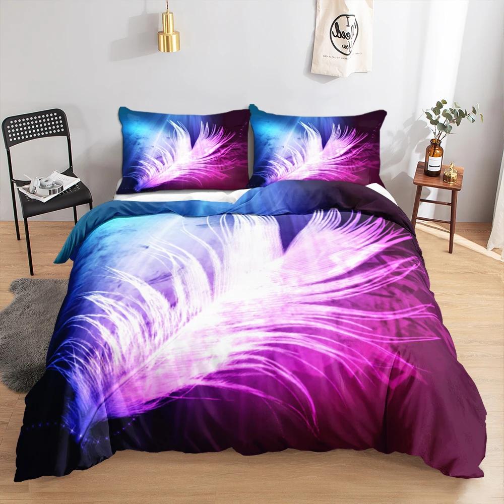 3D Feather King Queen Duvet Cover Blue Bohemian Bird Feather Full Twin Bedding Set Peacock Feather 2/3pcs Polyester Quilt Cover