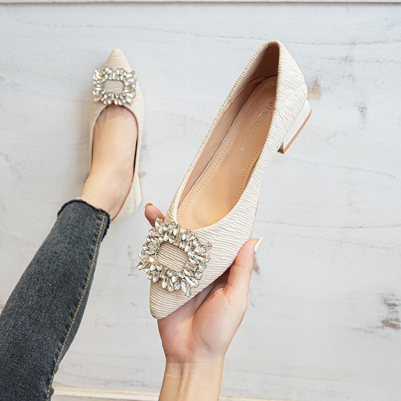 Women Ballerinas Flats 2026 Autumn Rhinestone Pointed Toe Shallow Mouth Comfortable Elegant Low Heel Soft Sole Single Shoes