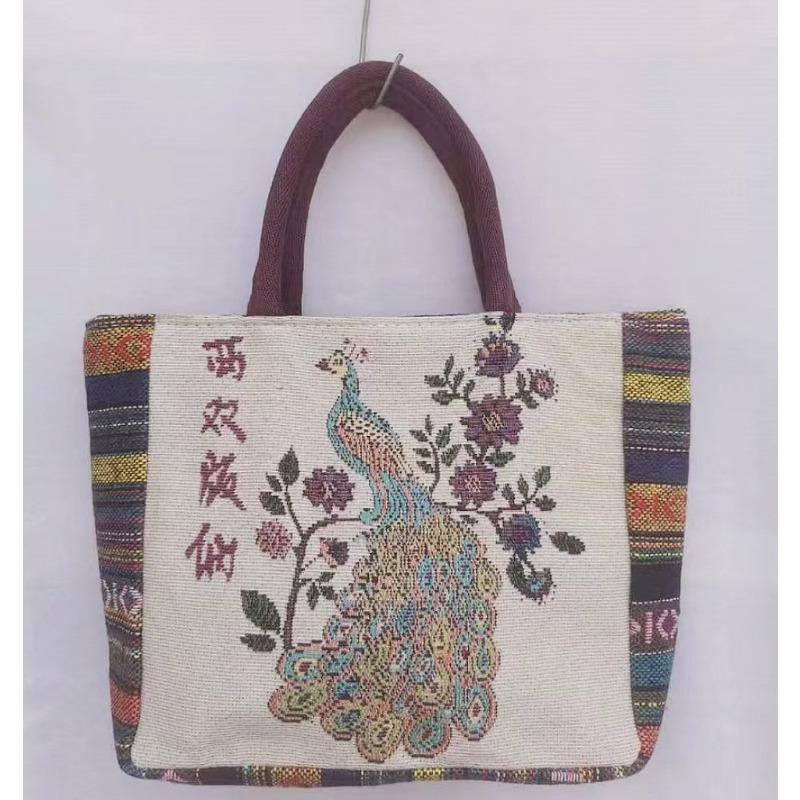 Canvas bag, women's large-capacity double-sided embroidered animal handbag, mommy bag, go shopping, handbag