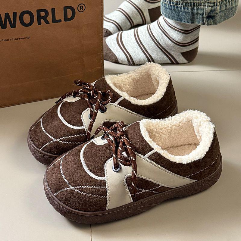 Set of 2 Women's Retro Dexun Cotton Slippers - Autumn/Winter, Lace-Up, Non-Slip, Thick-Soled, Warm & Cozy.