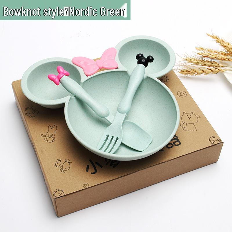 Cute Children's Wheat Straw Tableware Set: Rice Bowl, Eating Plate, Spoon, and Fork - Perfect Baby Gift