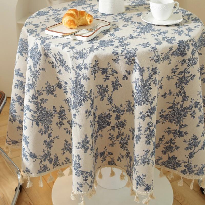 Polyester Linen Tassels Tablecloth, Black Peony Printing Dust-Proof Table Cover,for Kitchen Dinning Coffee Teatable Home Decor