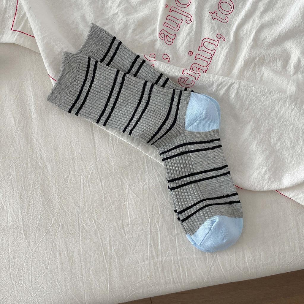 Grey Socks Cotton Mid-Leg Socks Double Needle Cotton Spring And Autumn Striped Pile Socks Collegiate Style Stockings