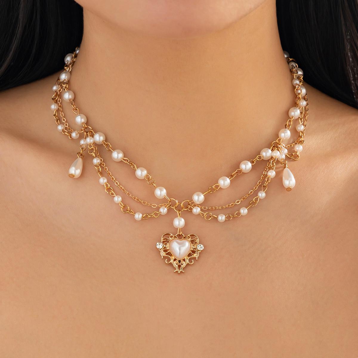 Accessories, Sweet Design, Water Drop Imitation Pearl Necklace, Love Pendant, Heart-Shaped Versatile Necklace.
