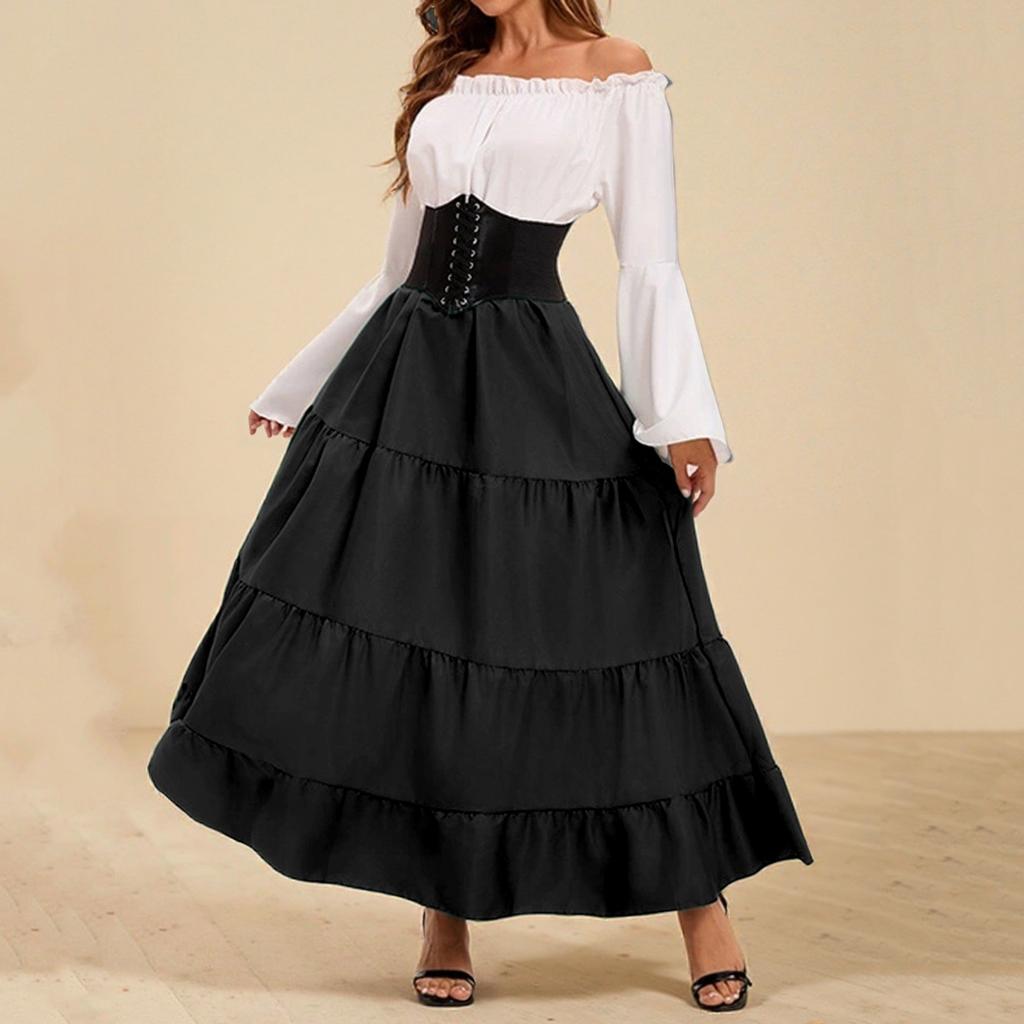 Women's Fashion Retro Maxi Dress Trumpet Sleeve Waist Dress