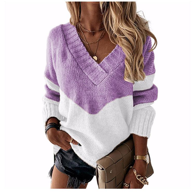Pullovers Loose Vintage Simple Fashion Autumn and Winter Pullover V-neck Loose Type Pullover Soft Classic Clothes Spelling Color Women's Knitwear