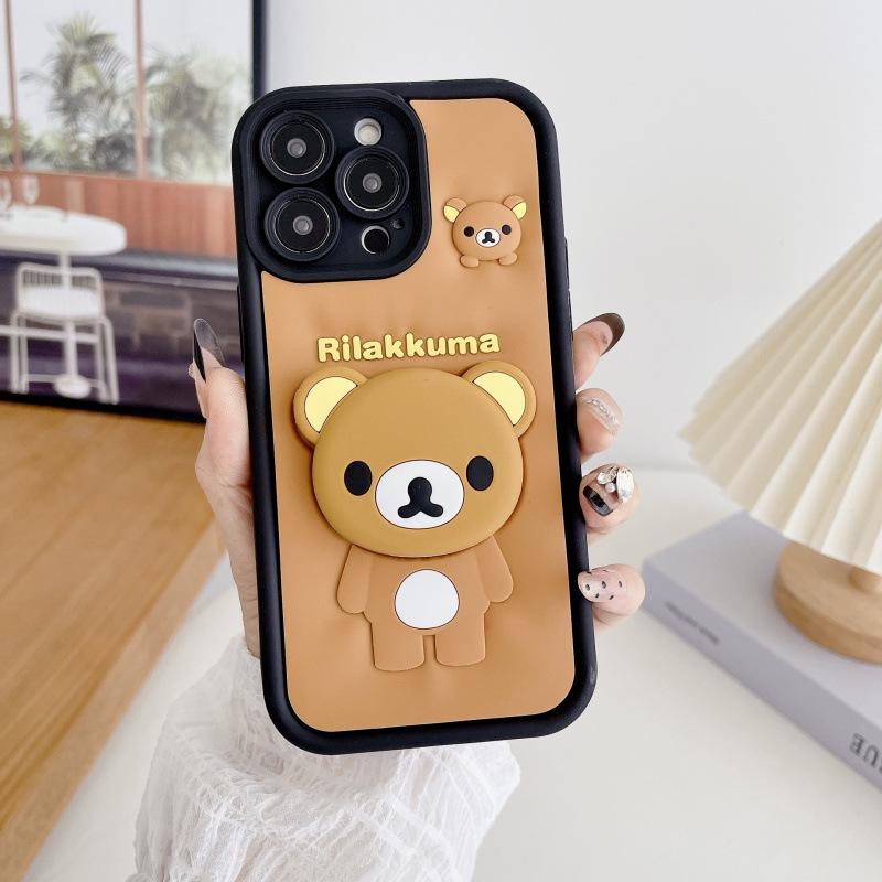 3D Stereo Rilakkuma Silicone Phone Case for iPhone 15/16/17 with Kickstand, Anti-drop, Cute Cartoon Design
