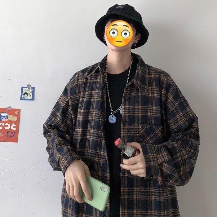 Men's Spring/Fall Long-Sleeve Checkered Shirt, Japanese-Style Retro Cool Shirt, Teenage Lapel Casual Jacket