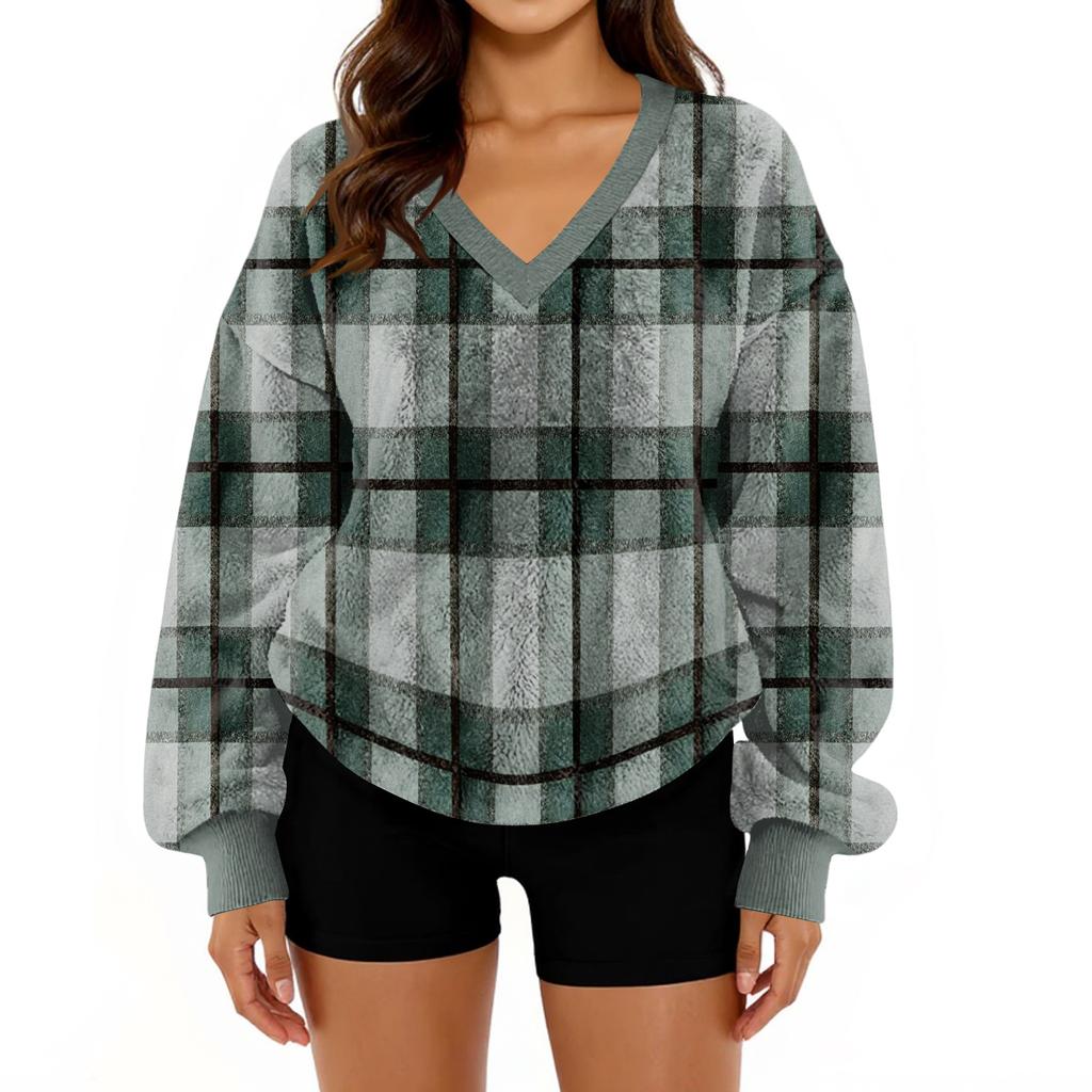 Women's V-Neck Sweatshirt Plush Solid Color Casual Fashion Long Sleeve With Pocketed Pullover Top