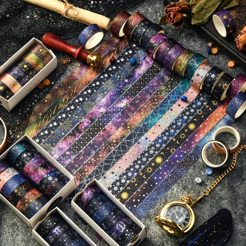 12 Rolls of Starry Sky Bronzing Pattern Washi Tape, Constellation Pattern Tape and Gift Wrapping Decoration, Gifts for Friends