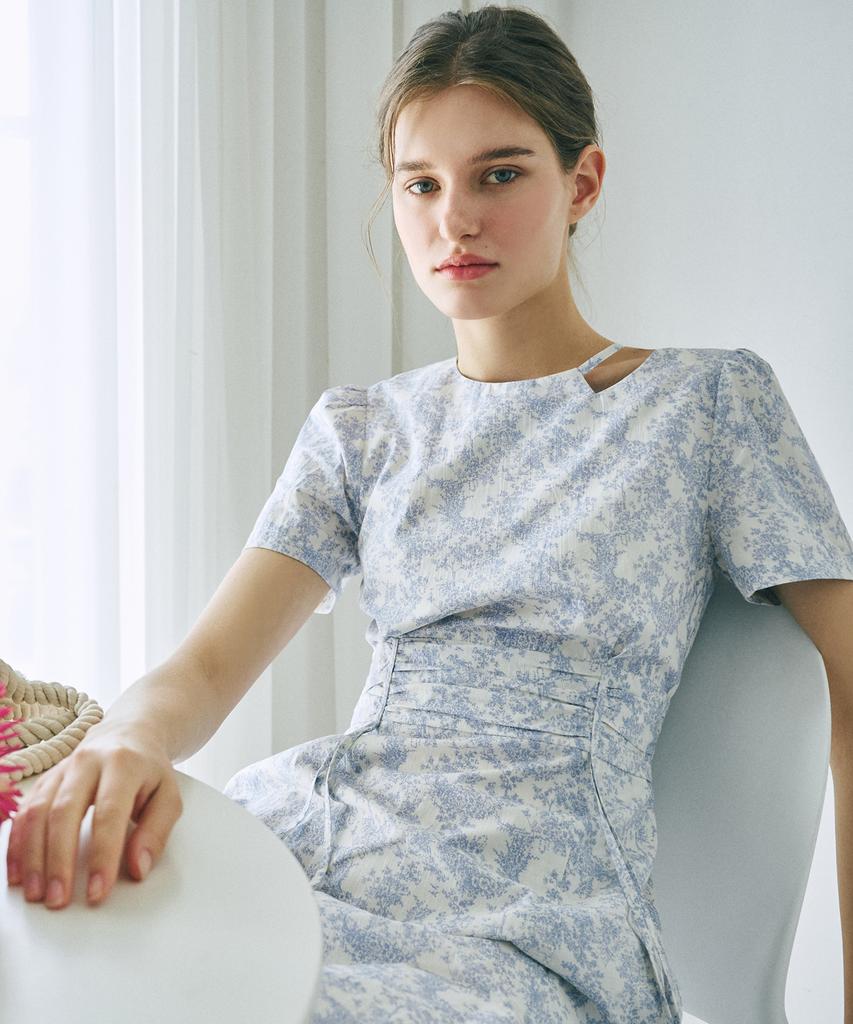 Etmont Neck Cut-Out Shirring Dress Light Blue