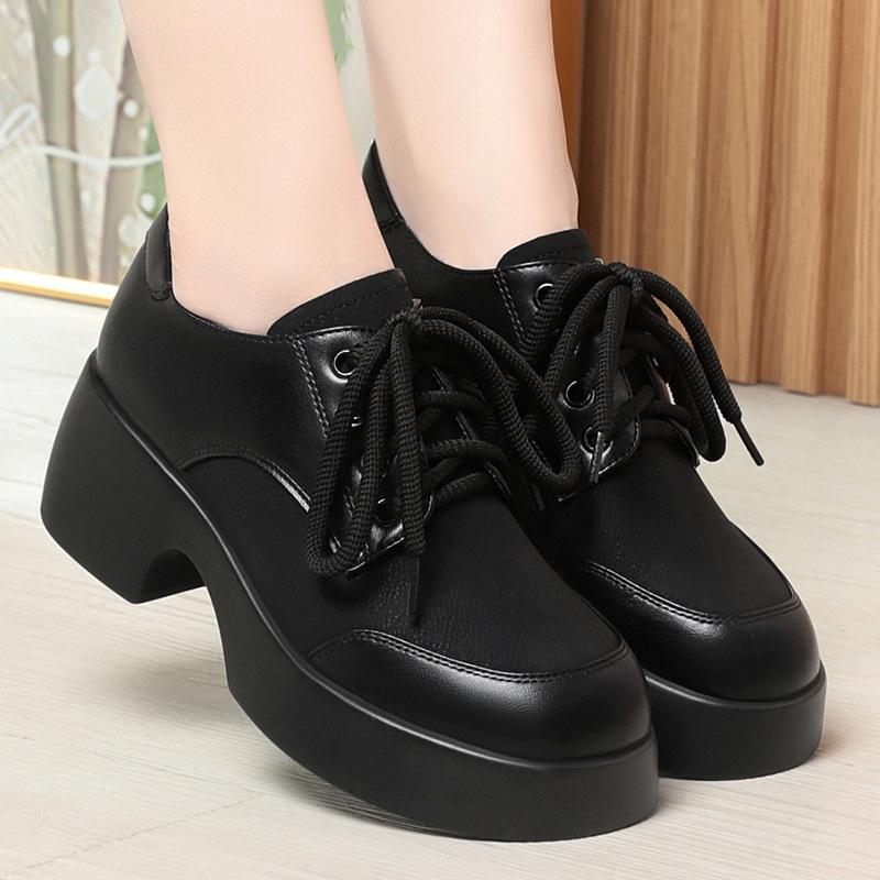 5cm Vintage Comfortable Soft Leather Loafers Women Platform Shoes 2025 Fall Med Square Heels Shoes Thick Bottom for Office Mom