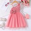 Girls (big and Small) Dress Ruffled Flying Sleeves Pit Strip Mesh Round Neck Summer Casual Dress