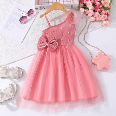 Girls (big and Small) Dress Ruffled Flying Sleeves Pit Strip Mesh Round Neck Summer Casual Dress