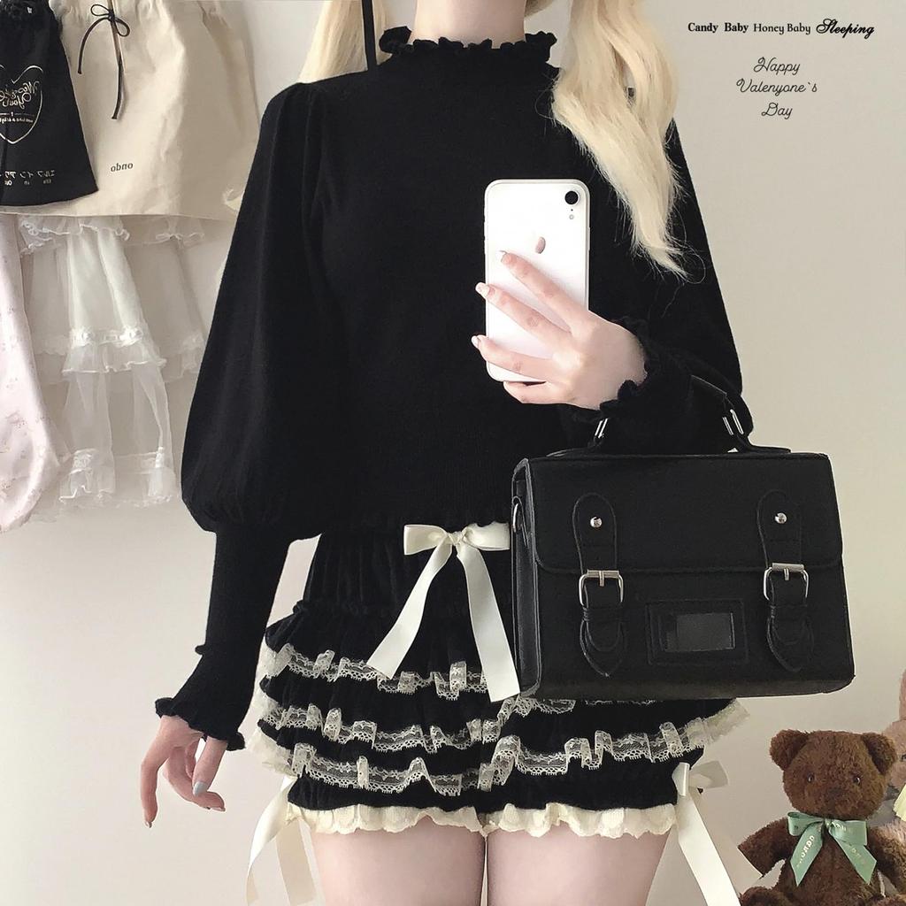 Cute Ruffled Lace Inner Stylish Black [XHSUKADO] Ribbon-Embroidered Pants, Petticoat, Fluffy, Pumpkin-Shaped Pants, Bottoms, Shorts, Women's, Opaque,