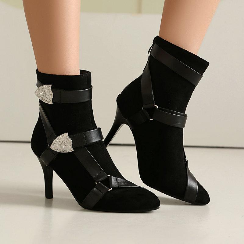 short boots round head thin heel high heel belt buckle metal trim and ankle boots and ankle boots high heel short boots