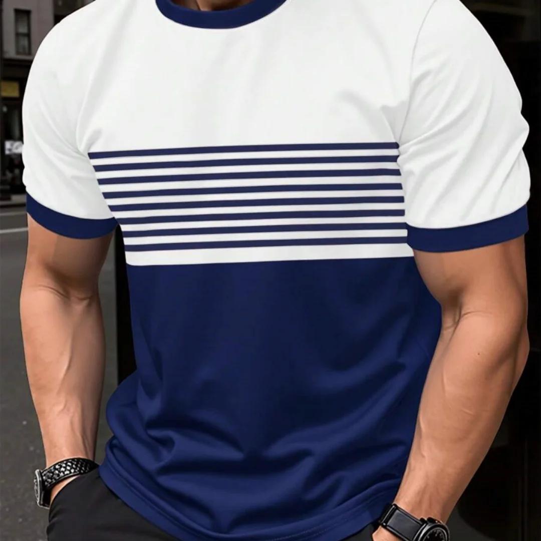 Large-sized Men s T-shirt, Summer Fashion Casual Neck Short-sleeved Striped Printed Top Men s Clothing T-shirt 4XL