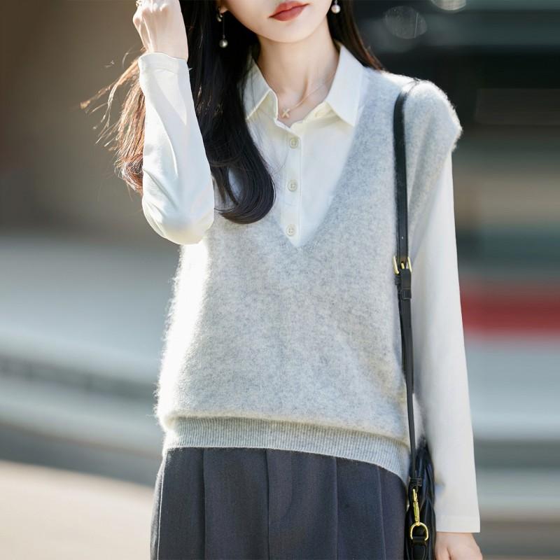 2026 Fall Womens V-Neck Knit Vest Silk Cashmere Wool Blend Sleeveless Top Solid Color Loose Fit
