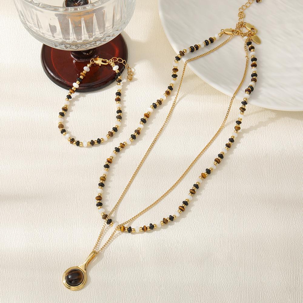 Autumn and winter explosion Maillard tiger's eye stone beaded necklace bracelet high-end agate light luxury retro collarbone chain stacked wear