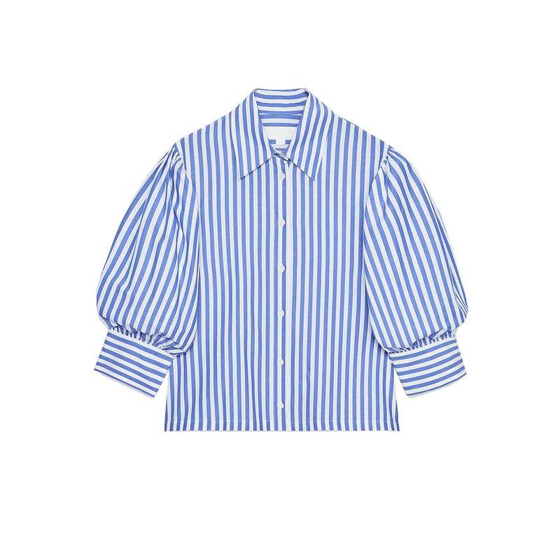 

Summer New Product Women s Clothes Minimalist Style Cotton Blended Poplin Puffy Short Sleeve Lapel Shirt Tops 2731082 Stripes L