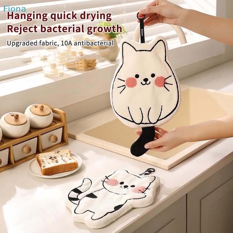 Cute Cat Coral Fleece Hanging Towel Kitchen Hand Towel Bathroom Soft Absorbent Handkerchief Wipe Towel Cartoon Kids Towels