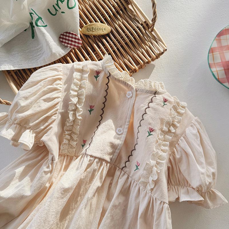 Korean Floral Embroidery Stand Collar Girls' Dress - Summer 2026 Cute Short Sleeve Skirt