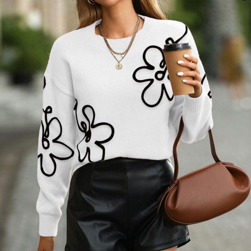 Women s Mock Neck Long Sleeve Floral Embroidered Knit Sweater Loose Fit Casual Pullover S