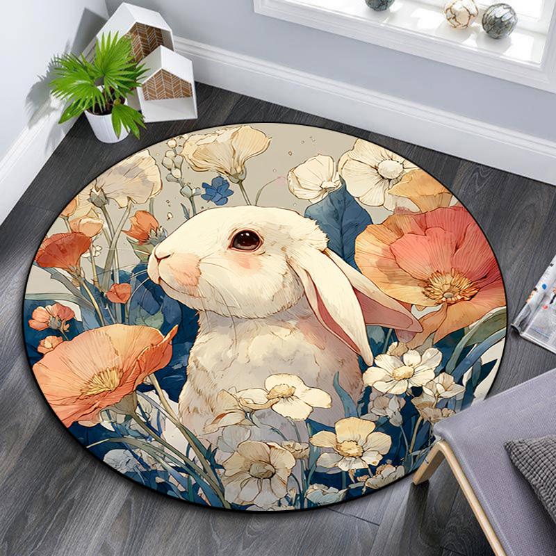 Bunny Round Area Rug,Carpet Rug for Living Room Bedroom Sofa Playroom Decor,Non-slip Floor Mat