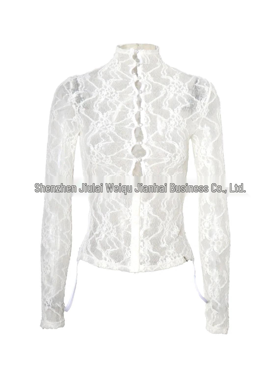 

Women s Chic White Lace Jacquard Top with Finger Holes and Sexy Hollow Out Design Small білий