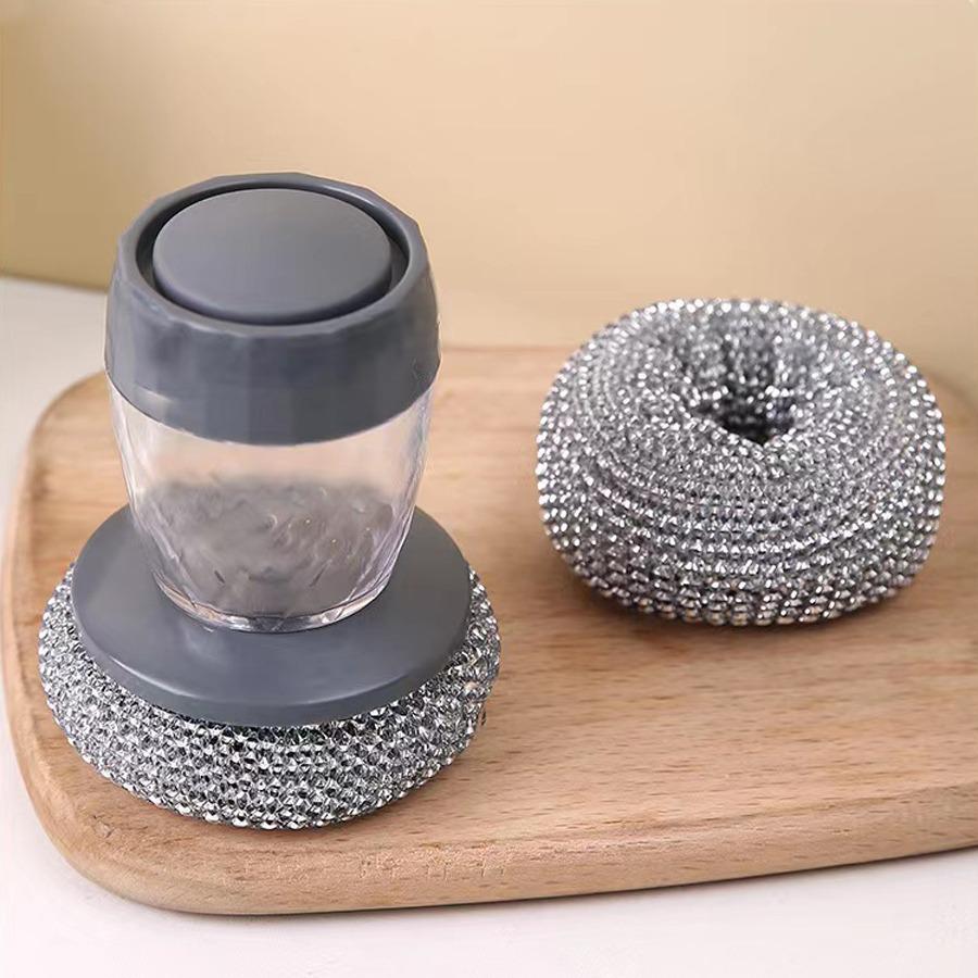 Press-Type Steel Wool Dishwashing Brush with Automatic Liquid Dispensing