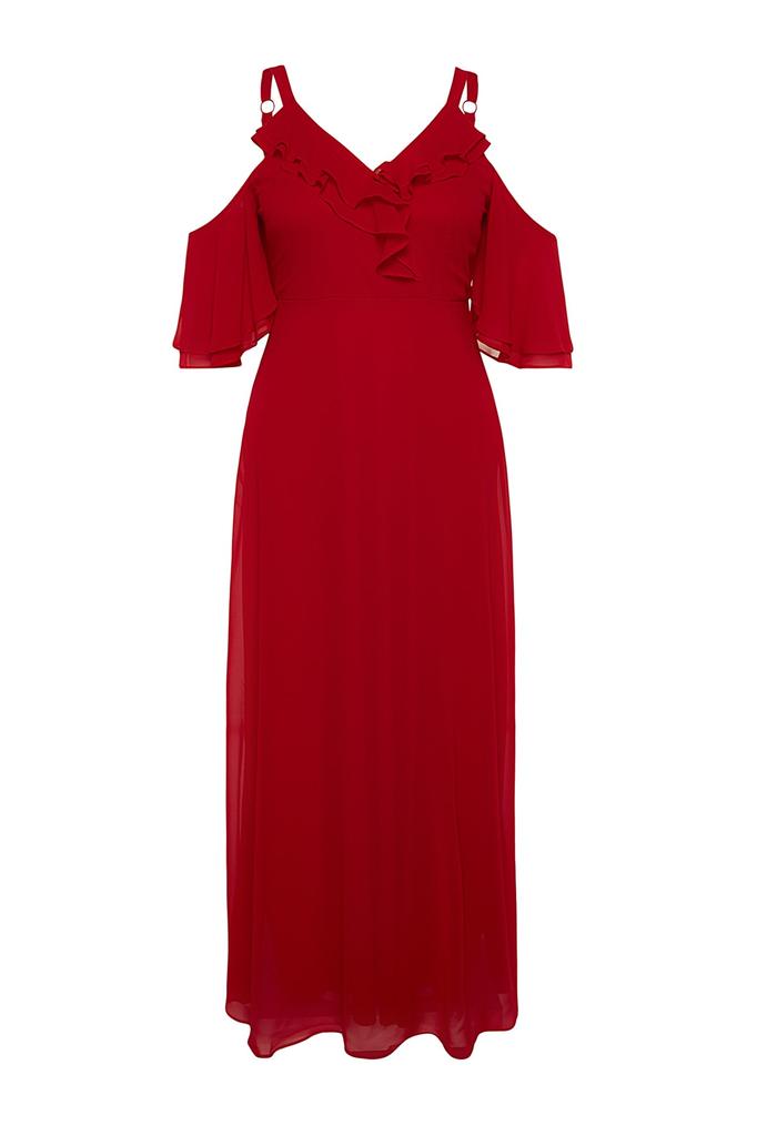 Moda damska Nowa sukienka w dużych rozmiarach, czerwona, tkana, z podwójnym kołnierzem, szyfonowa suknia wieczorowa